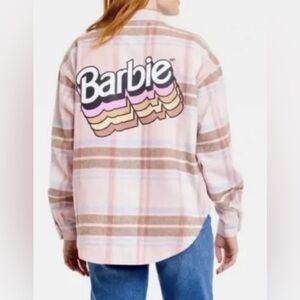 Barbie Pink Brown Plaid Flannel Shacket Womens Size L Graphic Shirt Jacket